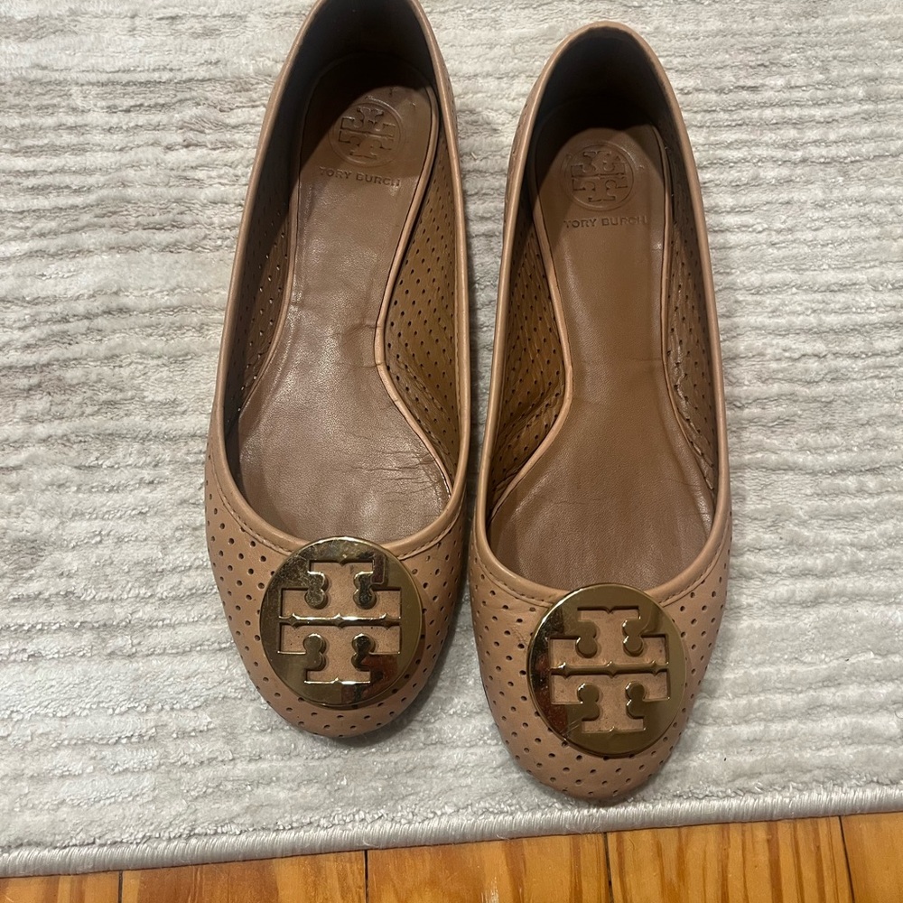 Tory Burch Tan Flats with Signature Medallion